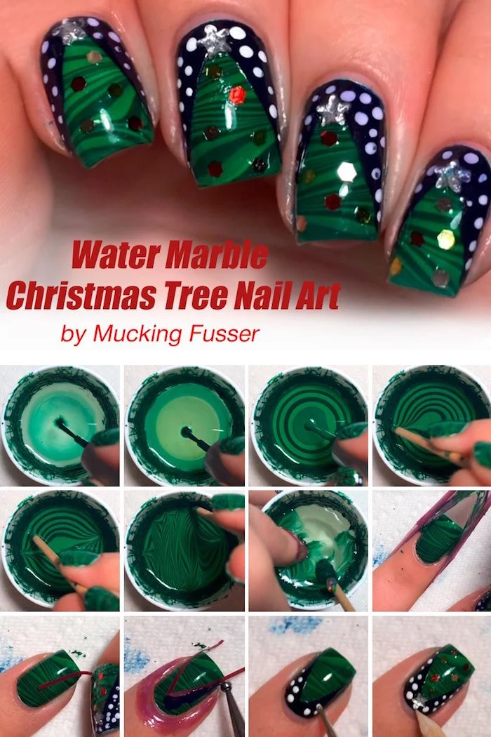 christmas nail colors water marble christmas tree with green nail polish on black nail polish step by step diy tutorial