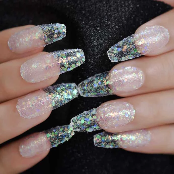 christmas nail designs 2020 long acrylic coffin nails with silver transperant glitter nail polish