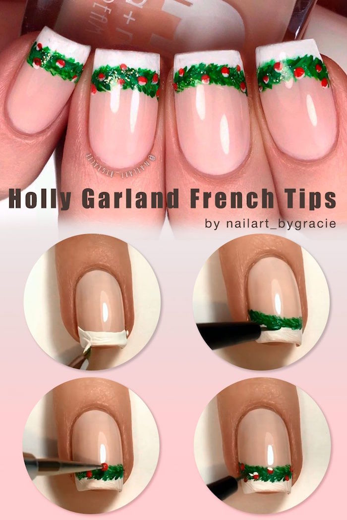 christmas nail designs holly garland french tips in white green with red dots on medium length square nails