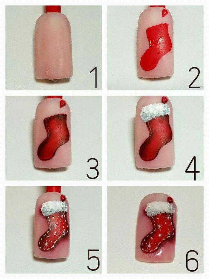 christmas nails 2020 nude matte nail polish red stocking decoration with white snowflakes step by step diy tutorial