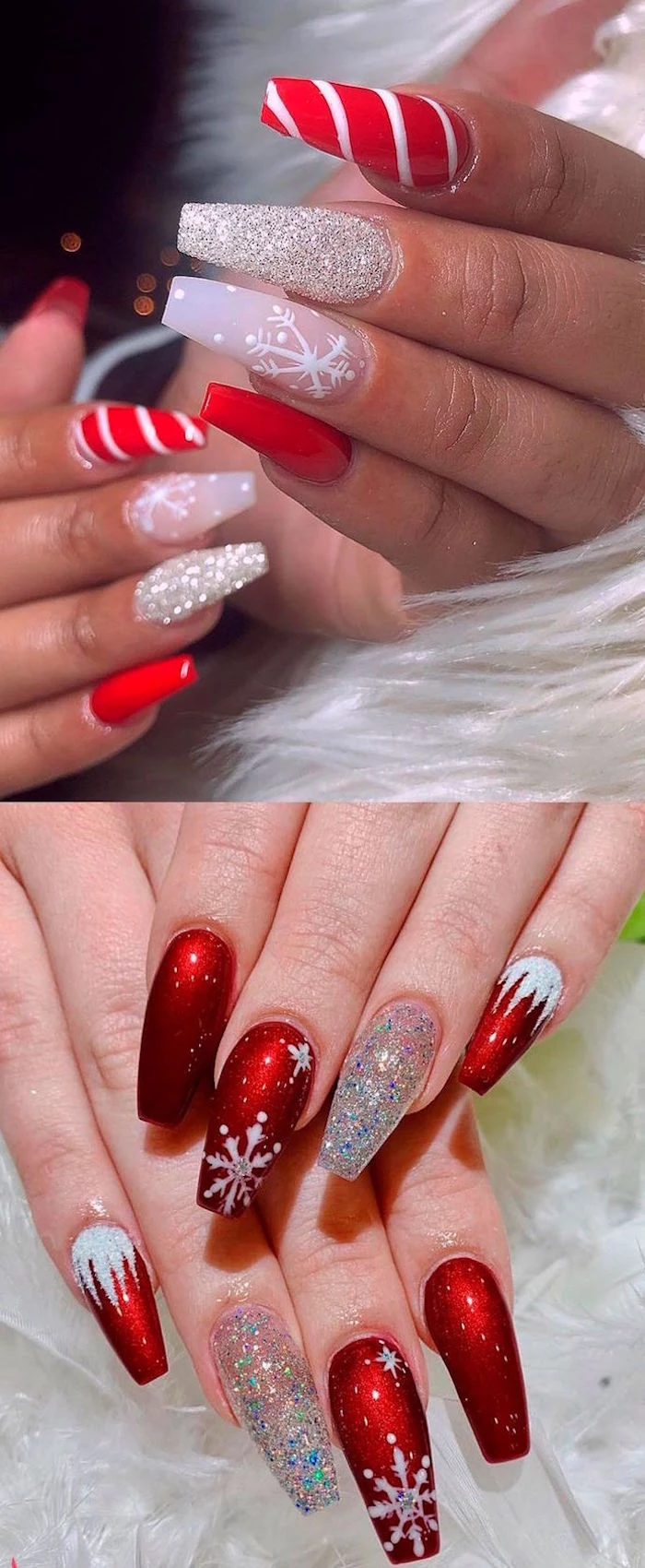 christmas nails two photos of long coffin nails in red and silver glitter with snowflake decorations