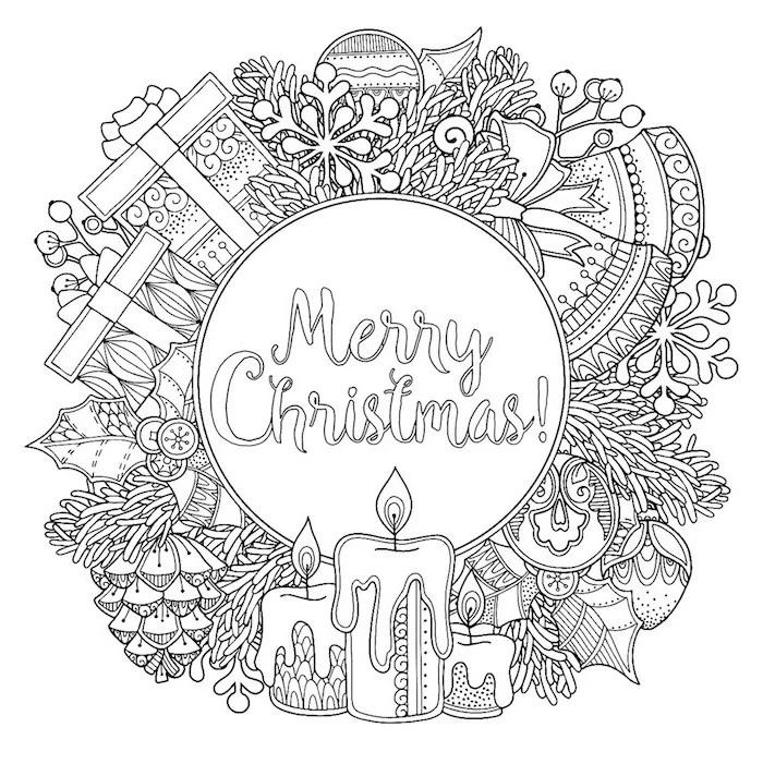 christmas tree coloring page merry christmas written in the middle surrounded by baubles presents candles mistletoe