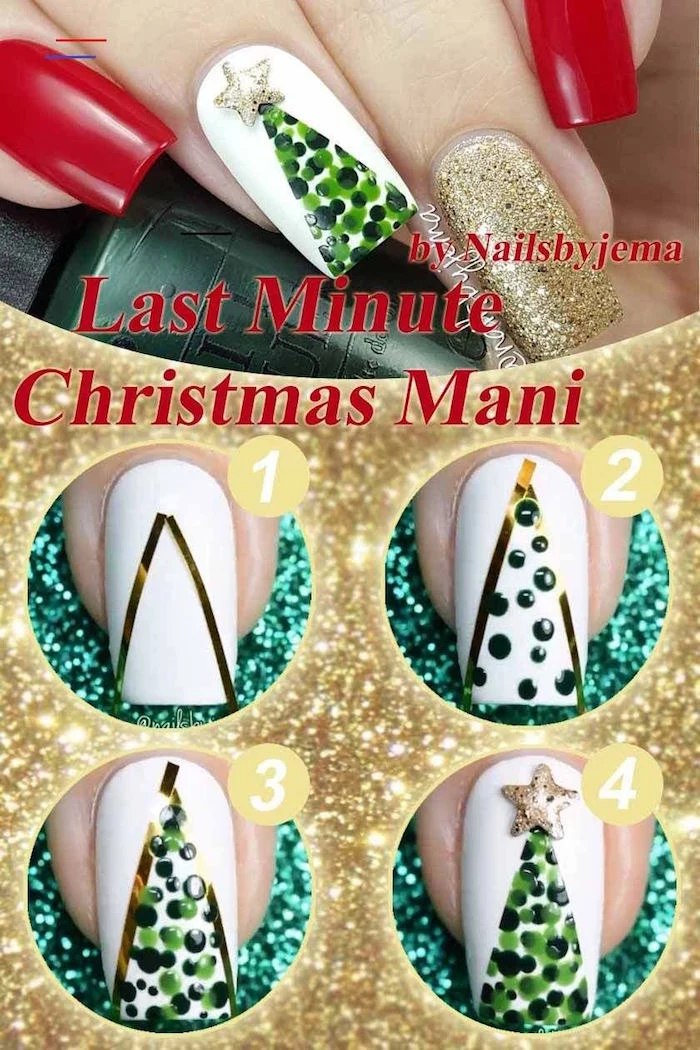 christmas tree decoration on white nail polish step by step diy tutorial christmas nails medium length square nails
