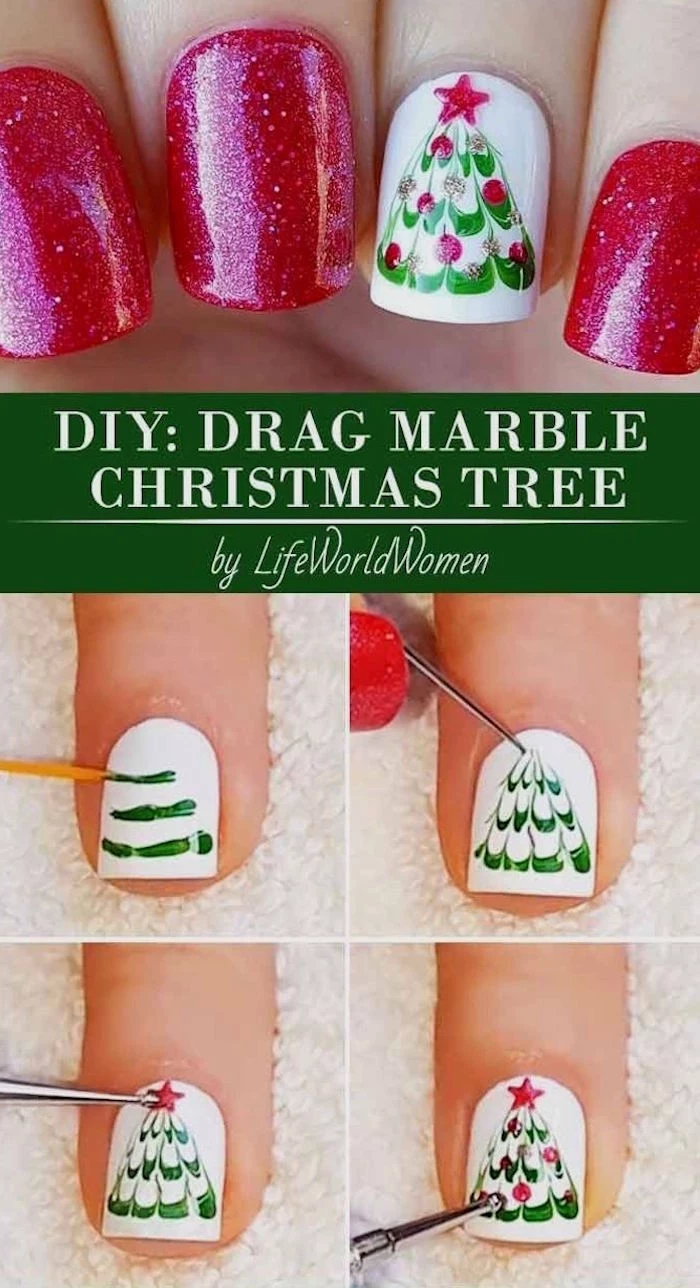 christmas tree decoration with red star and baubles on white nail polish step by step diy tutorial cute christmas nails red glitter nail polish