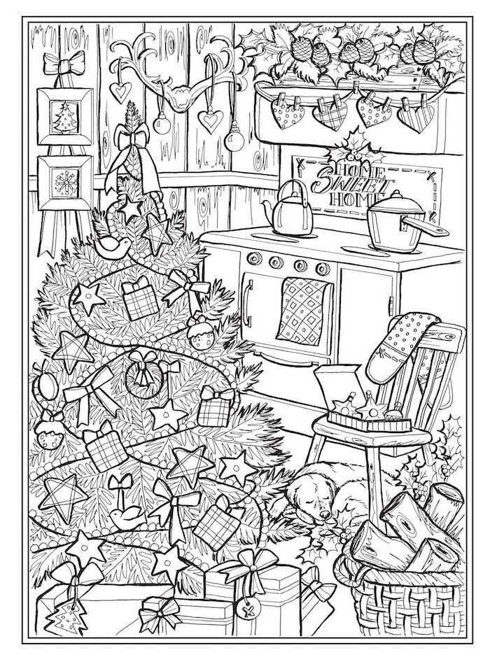 christmas tree next to kitchen oven lots of presents underneath free printable coloring pages garlands hanging on the wall