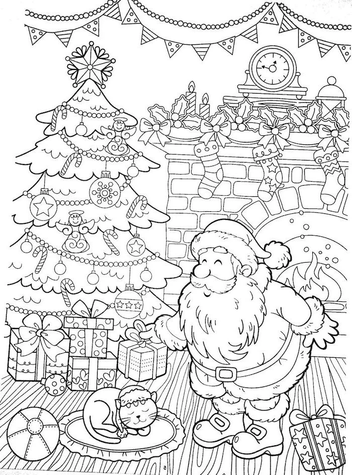 christmas tree with decorations next to fireplace free coloring pages for kids santa clause leaving presents under the tree