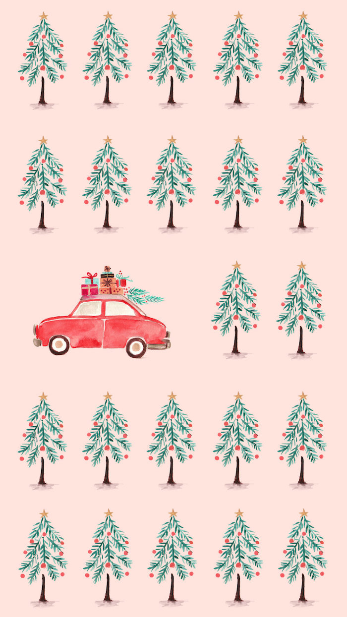 christmas trees and red car carrying presents drawn on pink background merry christmas wallpaper star tree toppers