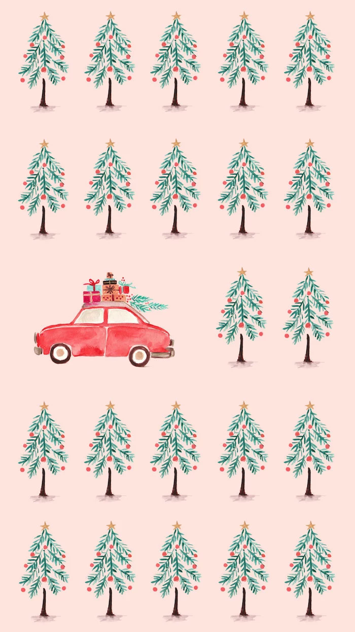 christmas trees and red car carrying presents drawn on pink background merry christmas wallpaper star tree toppers
