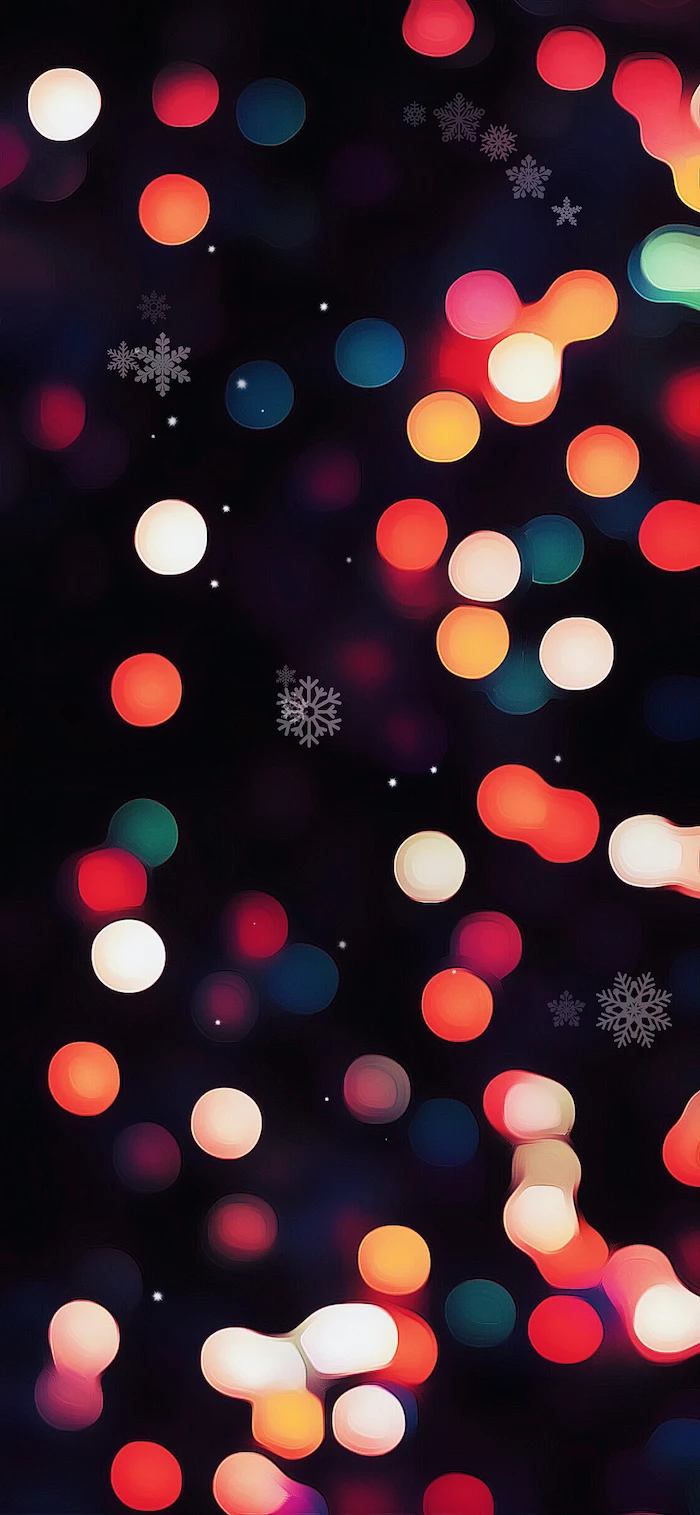 christmas wallpaper computer digital drawing of blurred christmas lights shining in different colors with white snowflakes
