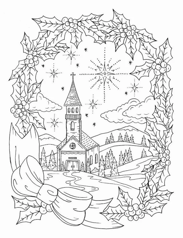 church on an empty field surrounded by evergreen trees christmas coloring pages black and white drawing with ribbon and mistletoe frame