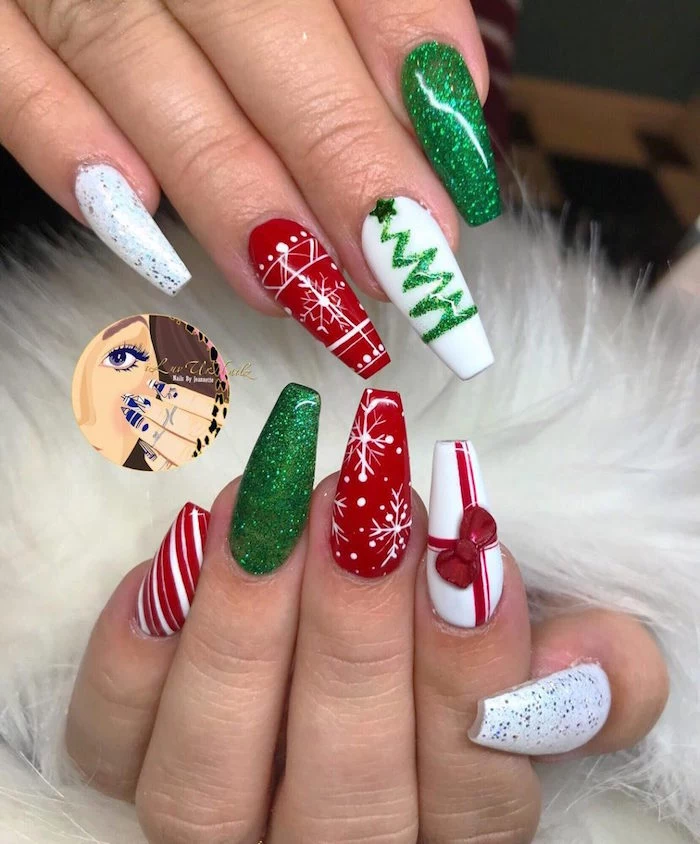 coffin shaped nails with green glitter white red nail polish holiday nails 2020 christmas inspired decorations