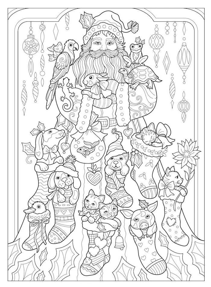coloring pages for kids black and white drawing of sannta clause surrounded by different animals in stockings