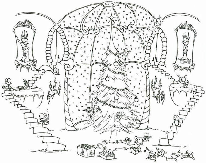 coloring sheets for kids decorated christmas tree in front of large window next to big staircase