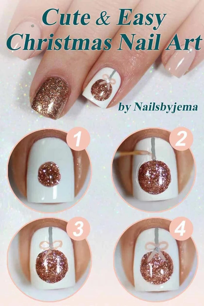 cute christmas nails rose gold glitter bauble decoration on white nail polish on short square nails step by step diy tutorial