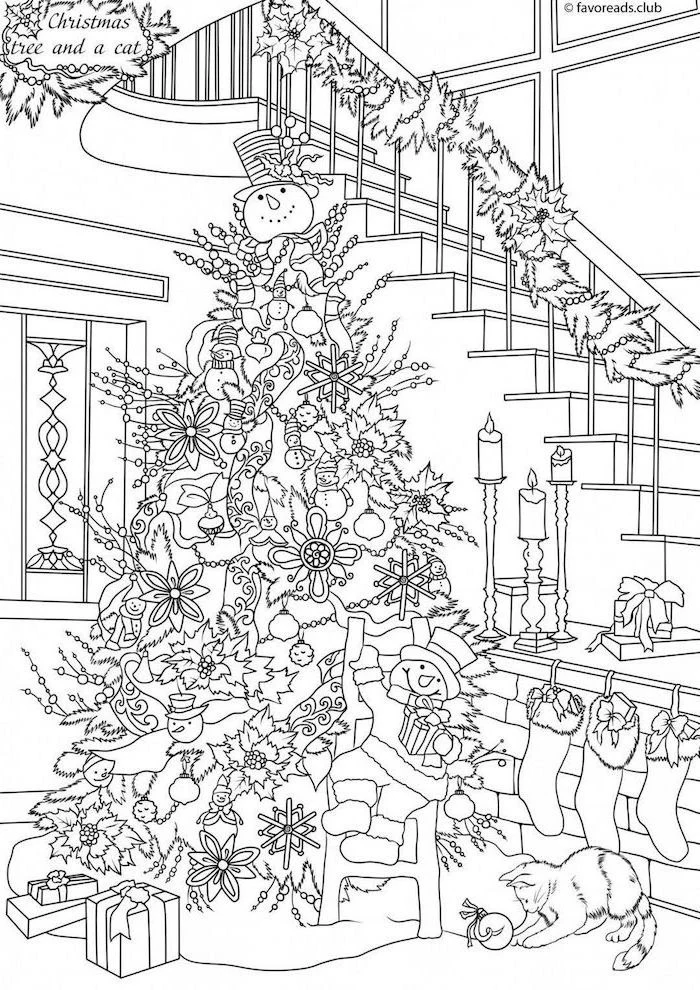 decorated christmas tree next to large staircase with garland hanging on it free printable coloring pages black and white drawing