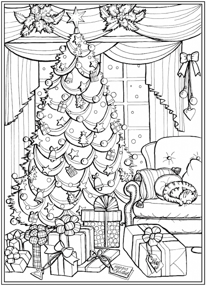 decorated christmas tree next to sofa in front of window lots of presents underneath christmas coloring pages