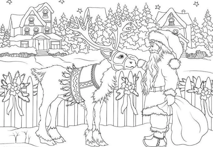 deer being pet by santa clause holding a bag christmas tree coloring page houses and evergreen trees in the background