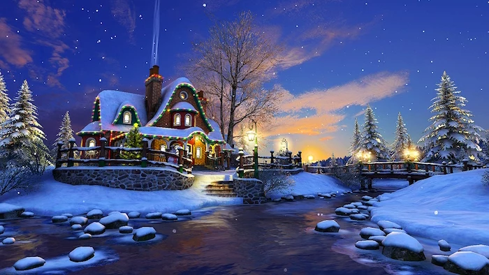 digital drawing of house next to river covered with snow christmas background iphone decorated with lights