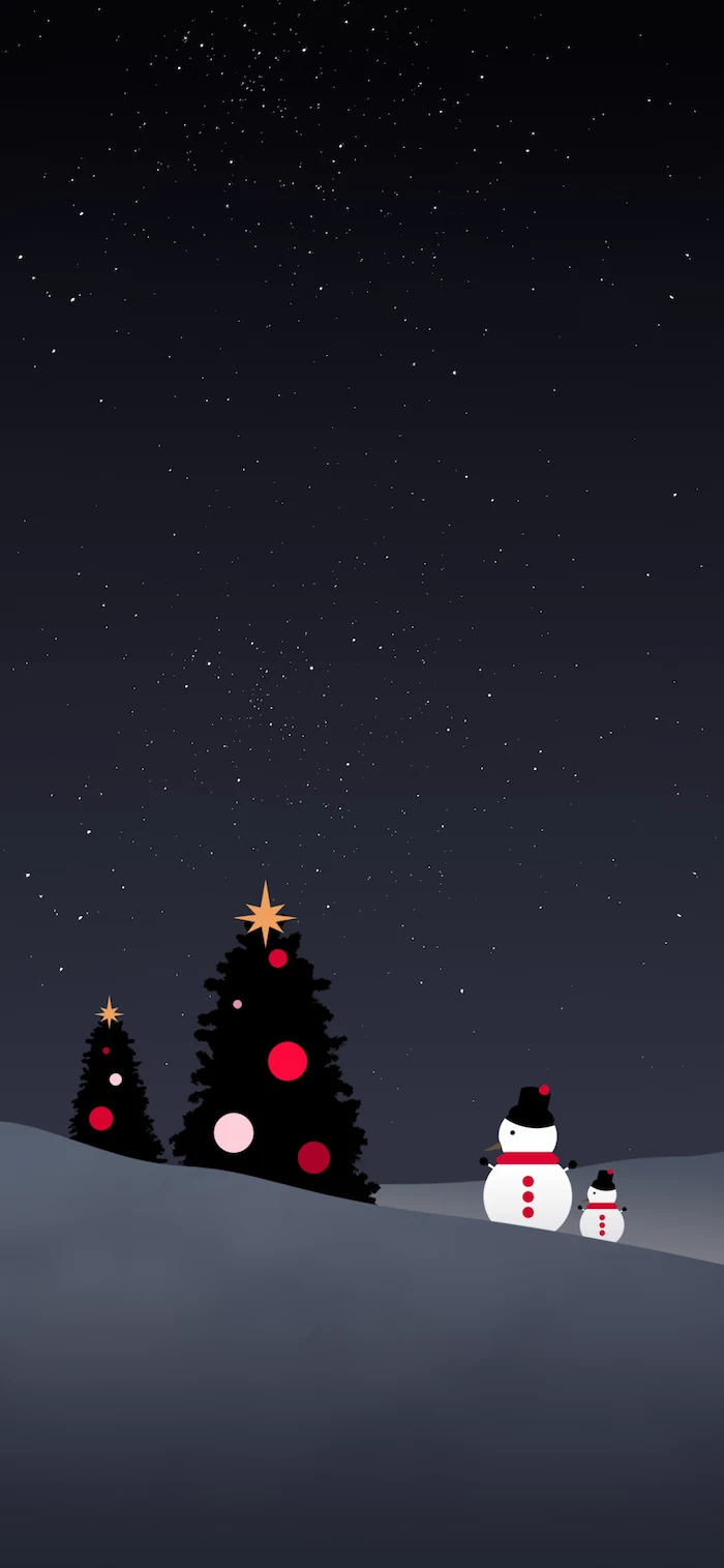 digital drawing of two snowmen standing next to two christmas trees decorated with baubles christmas wallpaper tumblr black background