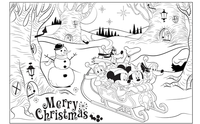 disney inspired drawing free printable christmas coloring pages disney chracters on a sled in a forest with snowman