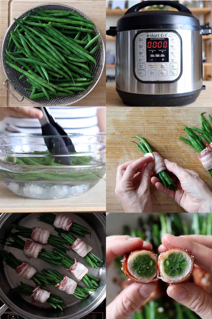 easy christmas dinner menu photo collage of step by step diy tutorial for bacon wrapped green beans cooked in instant pot