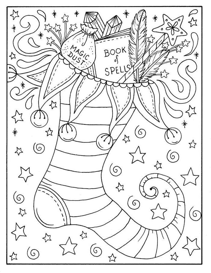 elf stocking with bells coloring pages for kids magic dust book of spells feathers inside black and white drawing