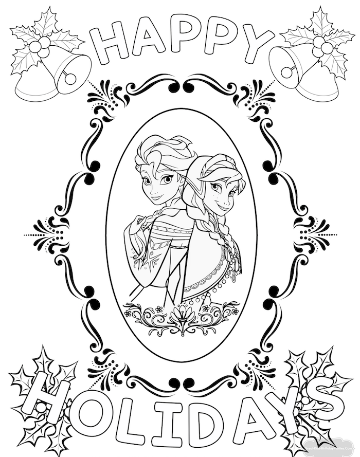 elsa and anna from frozen christmas coloring pages for kids happy holidays written around them with bells and mistletoe