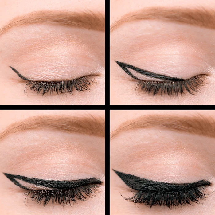 four step tutorial for black eyeliner eyeliner for almond eyes close up photos of woman with blonde eyebrows