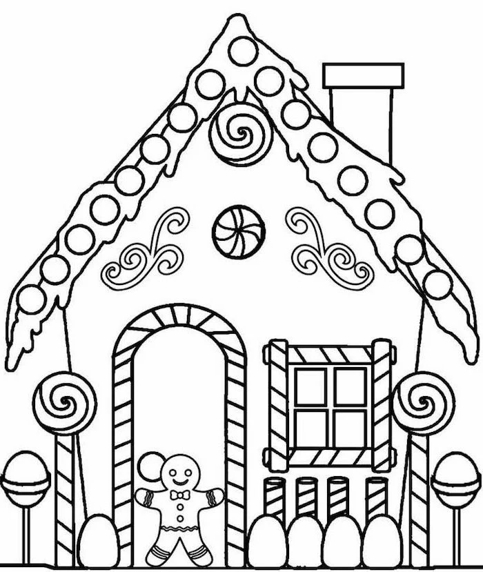 free coloring pages for kids black and white drawing of gingerbread house with gingerbread man at the door