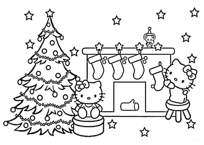 free printable christmas coloring pages hello kitty decorated christmas tree next to fireplace with four stockings