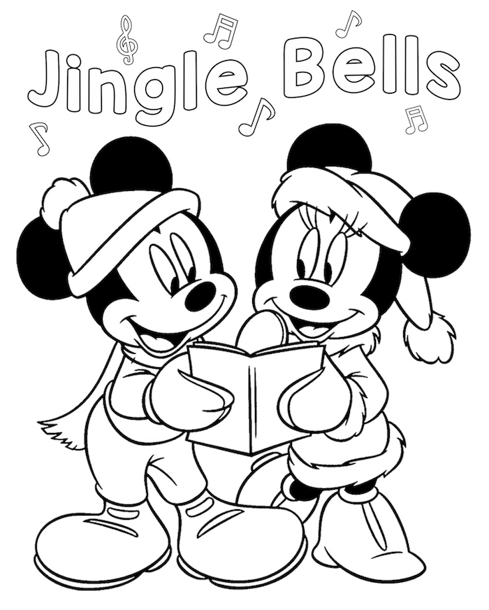 free printable coloring pages for kids jingle bells written above drawing of mickey and minnie mouse holding book