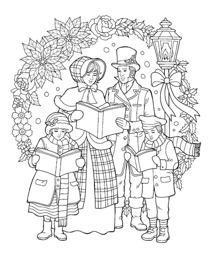 free printable coloring pages man woman and two children dressed in winter coats holding books flowers and mistletoe around them