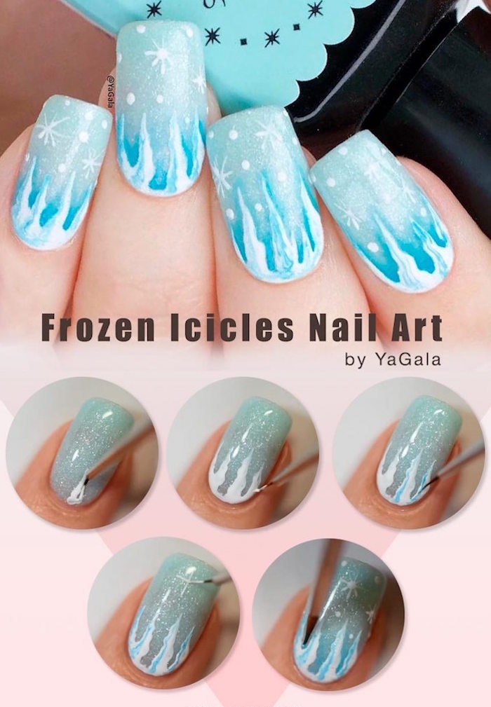 frozen icicles in white on blue glitter nail polish with snowflakes christmas acrylic nails christmas acrylic nails step by step diy tutorial