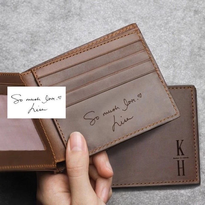 gifts for dad from daughter dark brown leather wallet personalised with initials and personal message inside