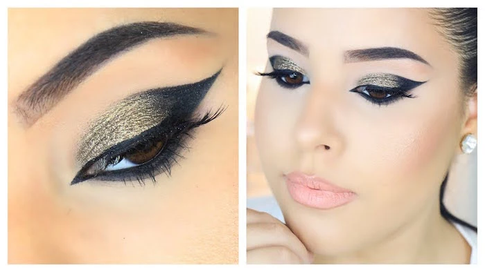 gold glitter eyeshadow with black winged eyeliner for hooded eyes side by side photos of woman with black hair