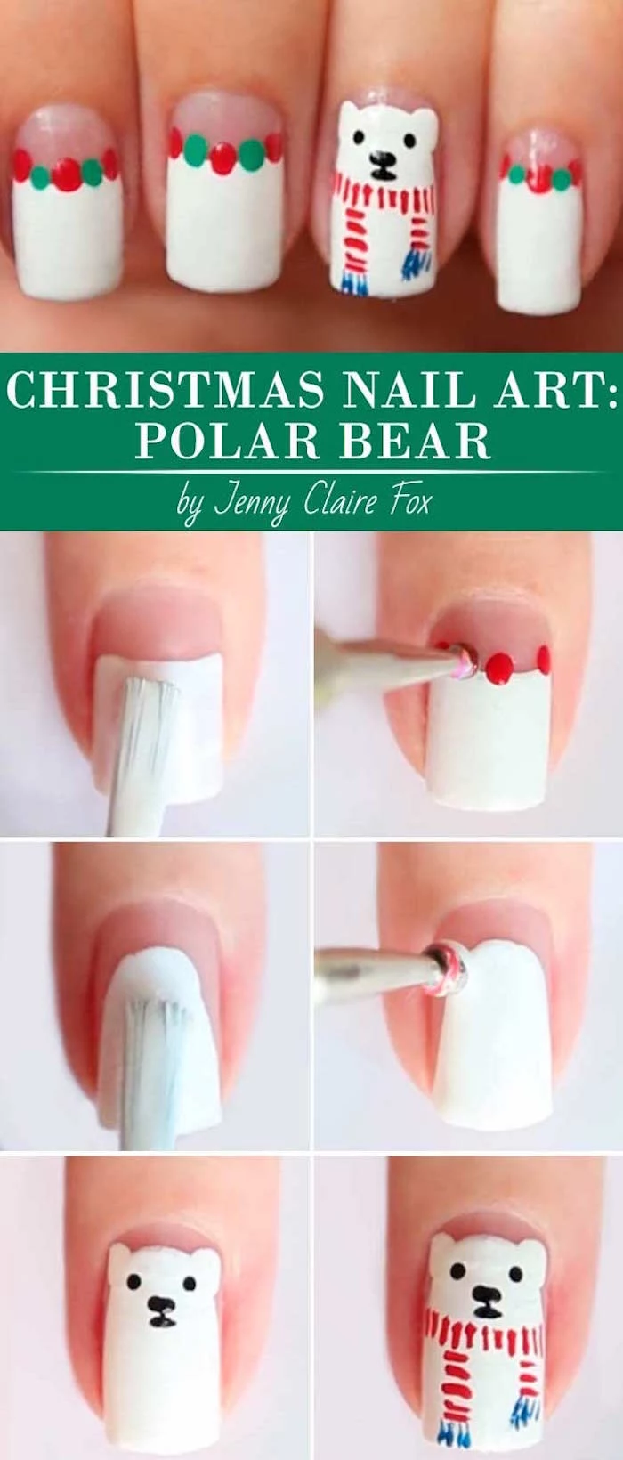 green and white dots on white nail polish simple christmas nails step by step diy tutorial for polar bear decoration