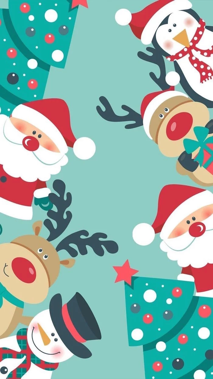 green background christmas desktop wallpaper drawings of santa reinderr snowmen christmas trees penguin