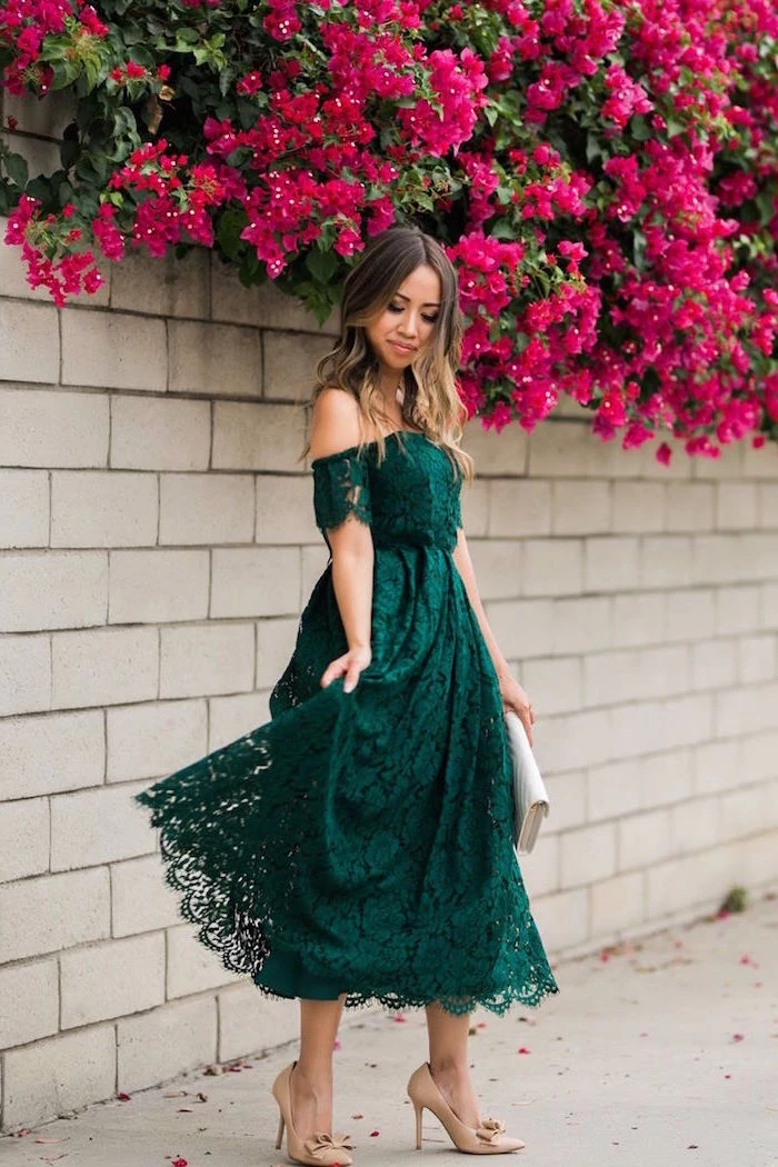 green lace off the shoulder dress beige shoes formal dresses for weddings worn by woman with long balayage hair