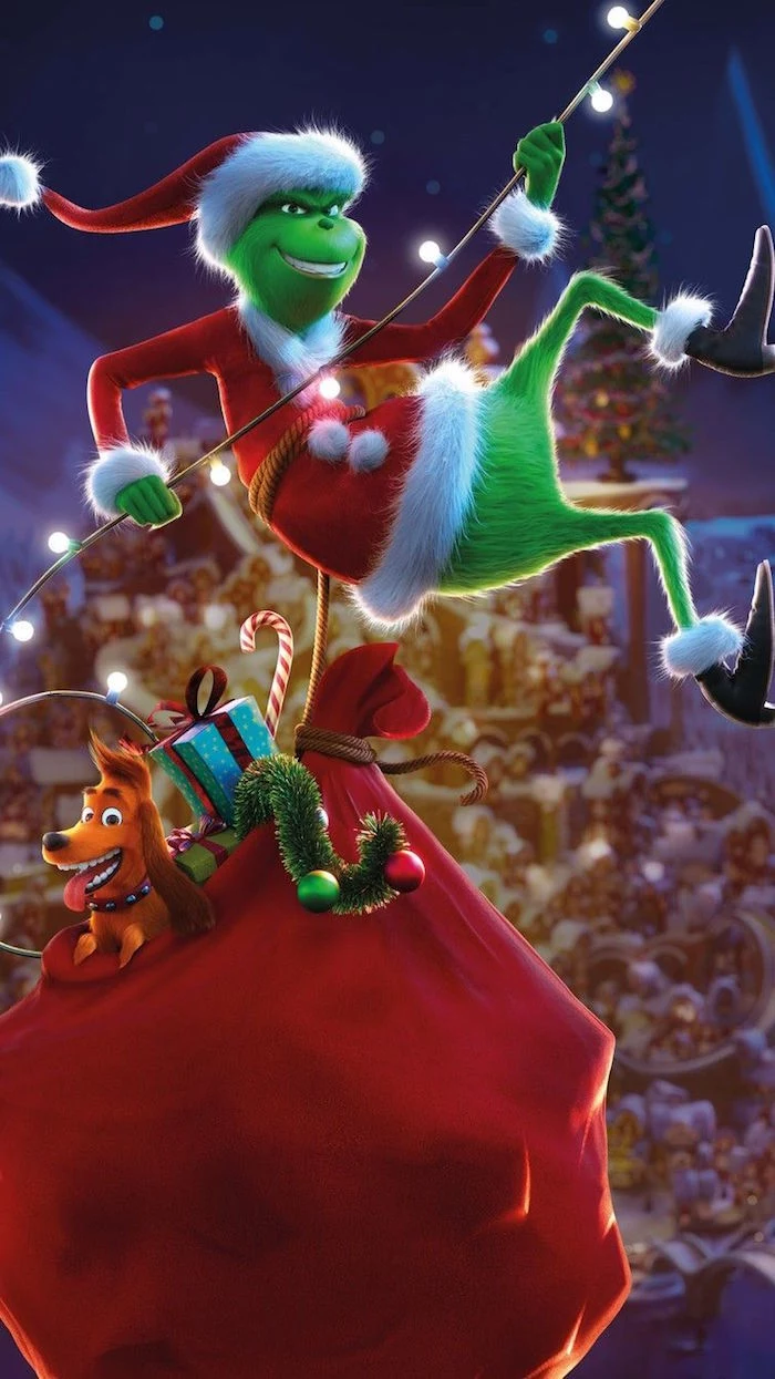 grinch carrying bag full of presents christmas desktop wallpaper climbing up string of lights animation