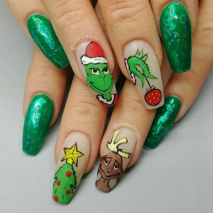 grinch inspired manicure christmas acrylic nails green and nude nail polish christmas tree deer grinch decorations