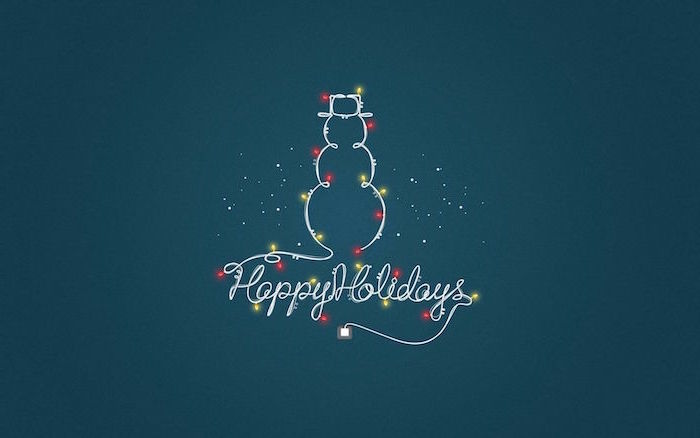 happy holidays written with white font snowman outline with red and yellow lights cute christmas wallpaper blue background