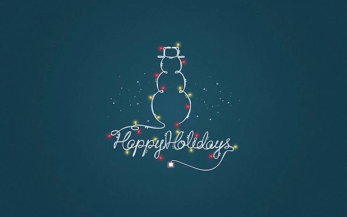 happy holidays written with white font snowman outline with red and yellow lights cute christmas wallpaper blue background
