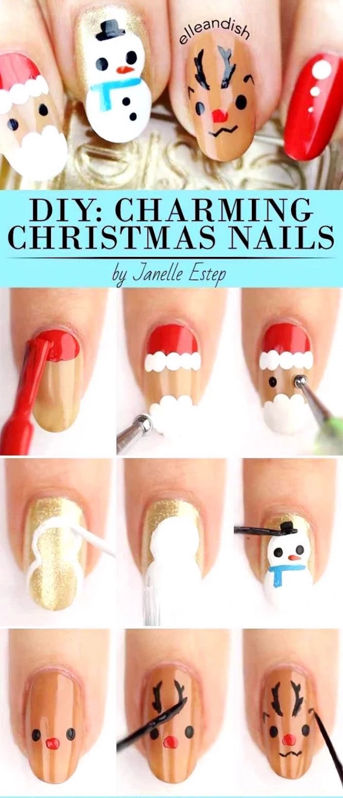 holiday nail designs medium length almond nails with santa snowman and reindeer decorations step by step diy tutorial