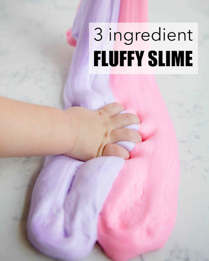 how to make fluffy slime step by step diy tutorial what to do on a rainy day three ingredients purple pink slime