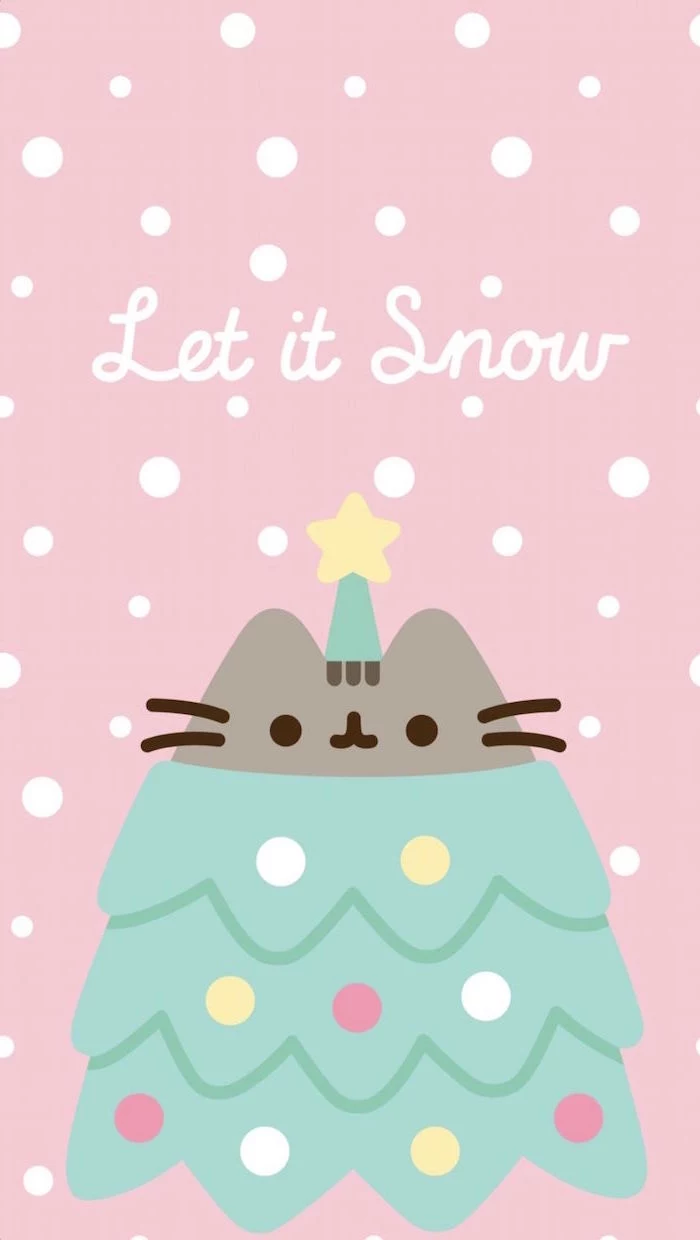 let it snow written in white cursive on pink background christmas desktop backgrounds drawing of pusheen as christmas tree