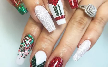 long coffin nails holiday nail designs nail polish in red white and green with different decorations on each nail