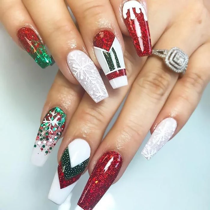 long coffin nails holiday nail designs nail polish in red white and green with different decorations on each nail