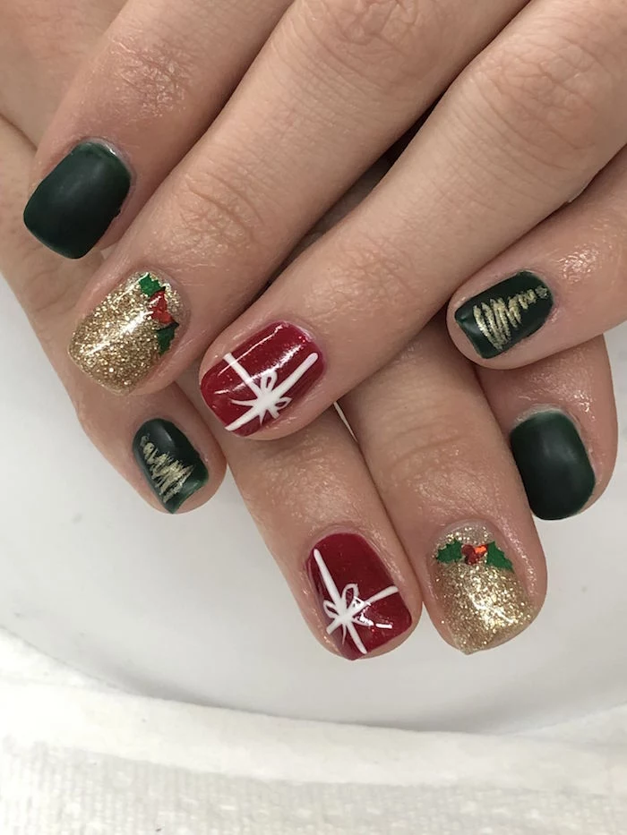 matte green red gold glitter nail polish on short squoval nails christmas nails mistletoe christmas tree ribbon decorations