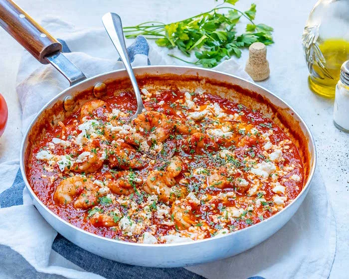 mediterranean shrimp recipe with tomato sauce cooked in skillet how to cook frozen shrimp garnished with chopped parsley