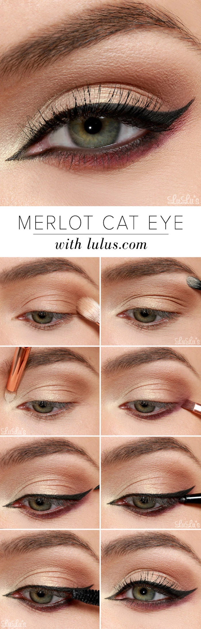 merlot cat eye step by step tutorial on woman with green eyes winged eyeliner tutorial photo collage
